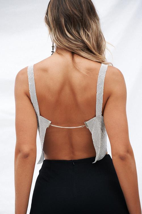 Gold Rhinestone Metal Mesh Straight Cut Top