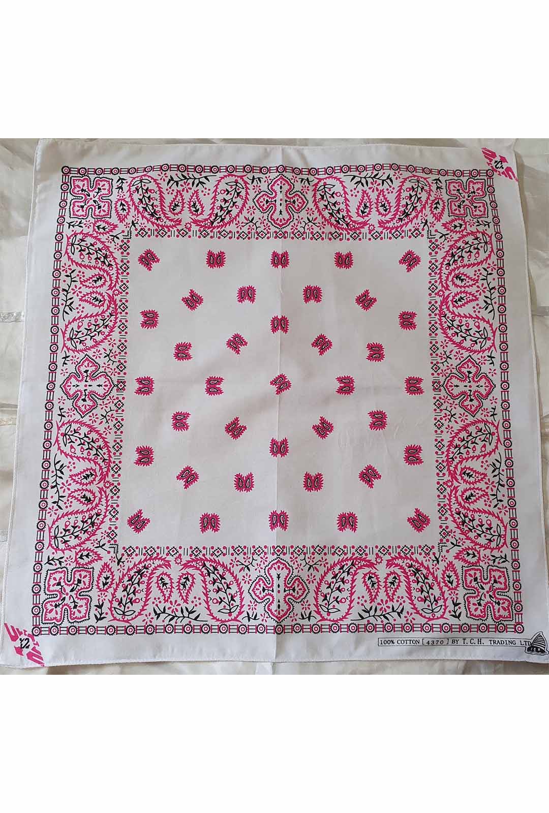 white bandana with pink and black paisley print