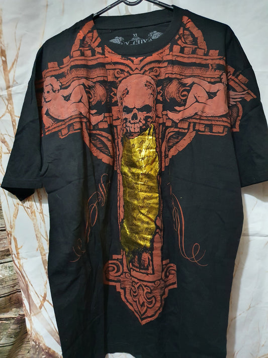 Short Sleeved Gold and Brown Skull Shirt with Piercings