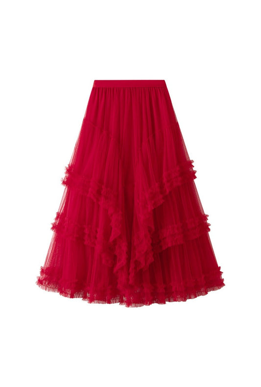 Red Tulle Layered Ruffle Skirt