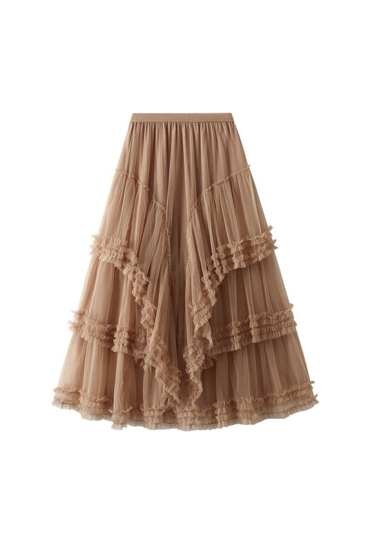 Brown Tulle Layered Ruffle Skirt