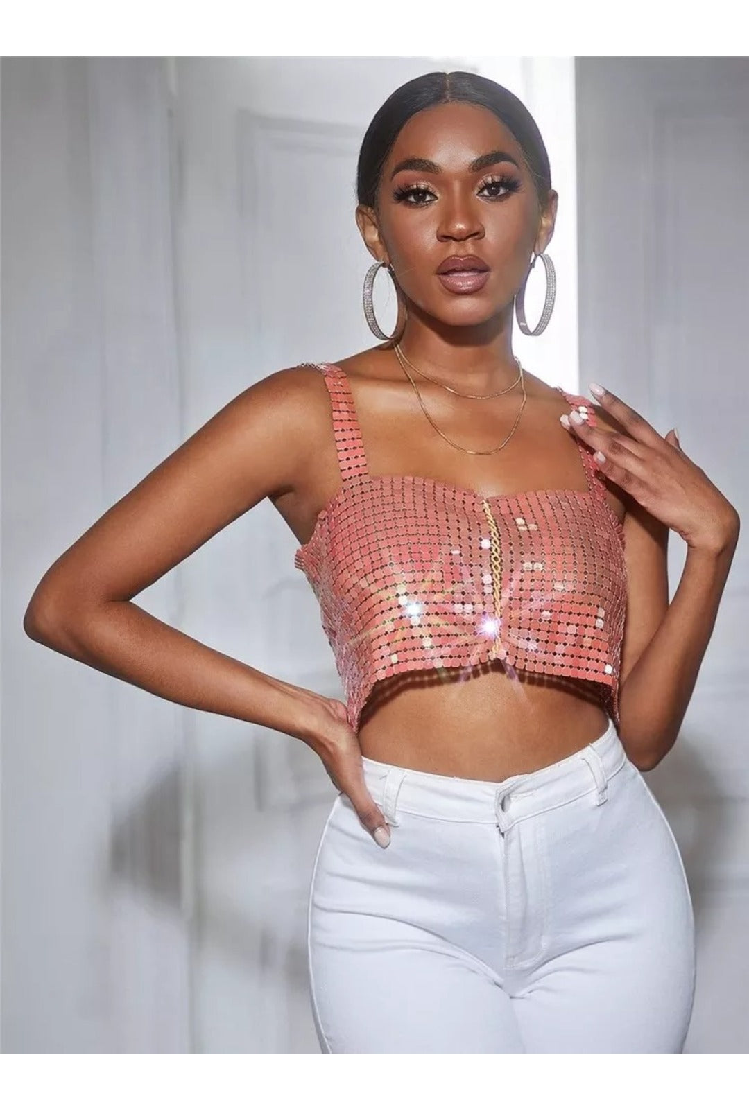 Pink Disc Metal Mesh Straight Crop Top