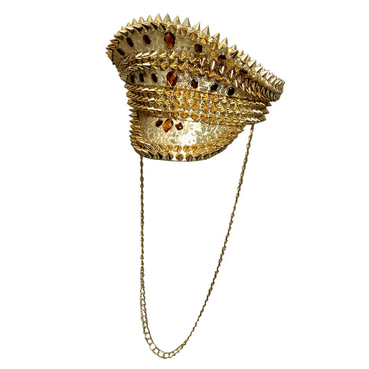 Sequin Gold Studded Hat with Long Chain