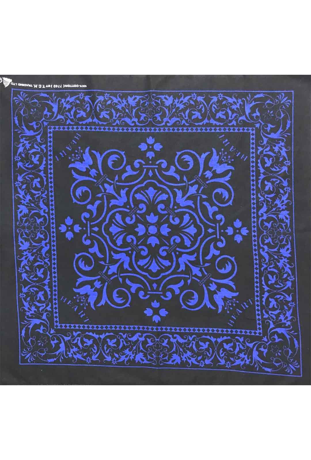 black bandana with royal blue print and patter border