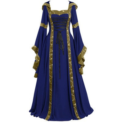 Blue and Gold Hooded Medieval Dress