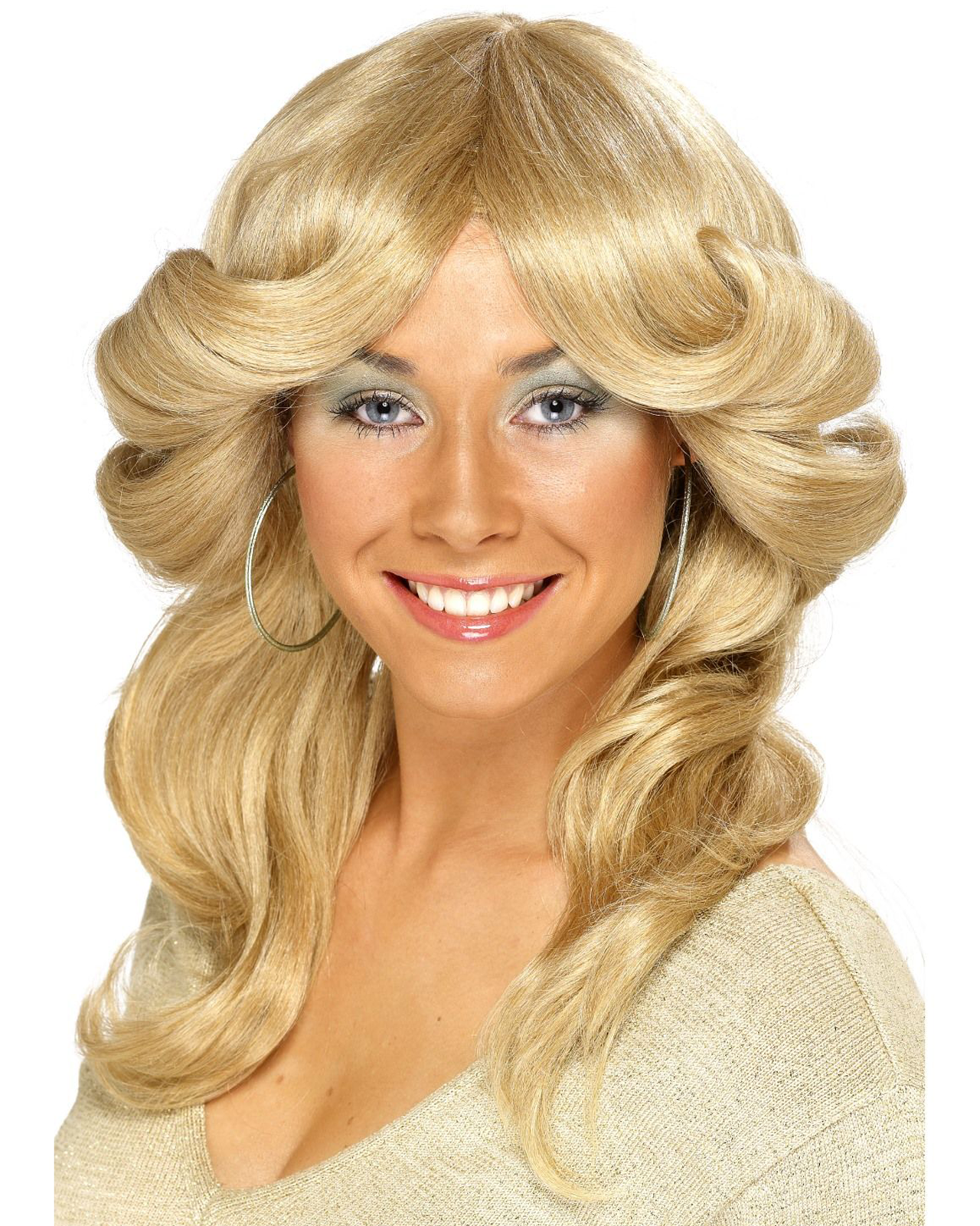 farrah fawcett inspired blonde wig with flick fringe