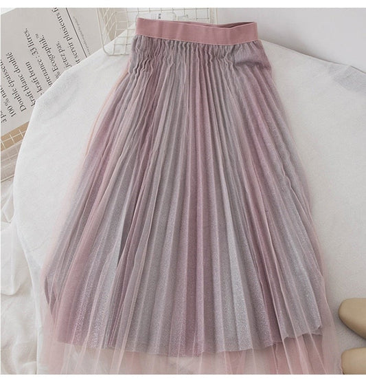 Pink and Silver Midi Glitter Tulle Skirt