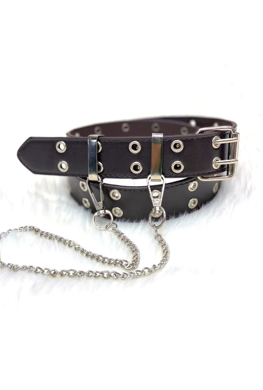 Dark Brown Double Grommet Belt with Chain