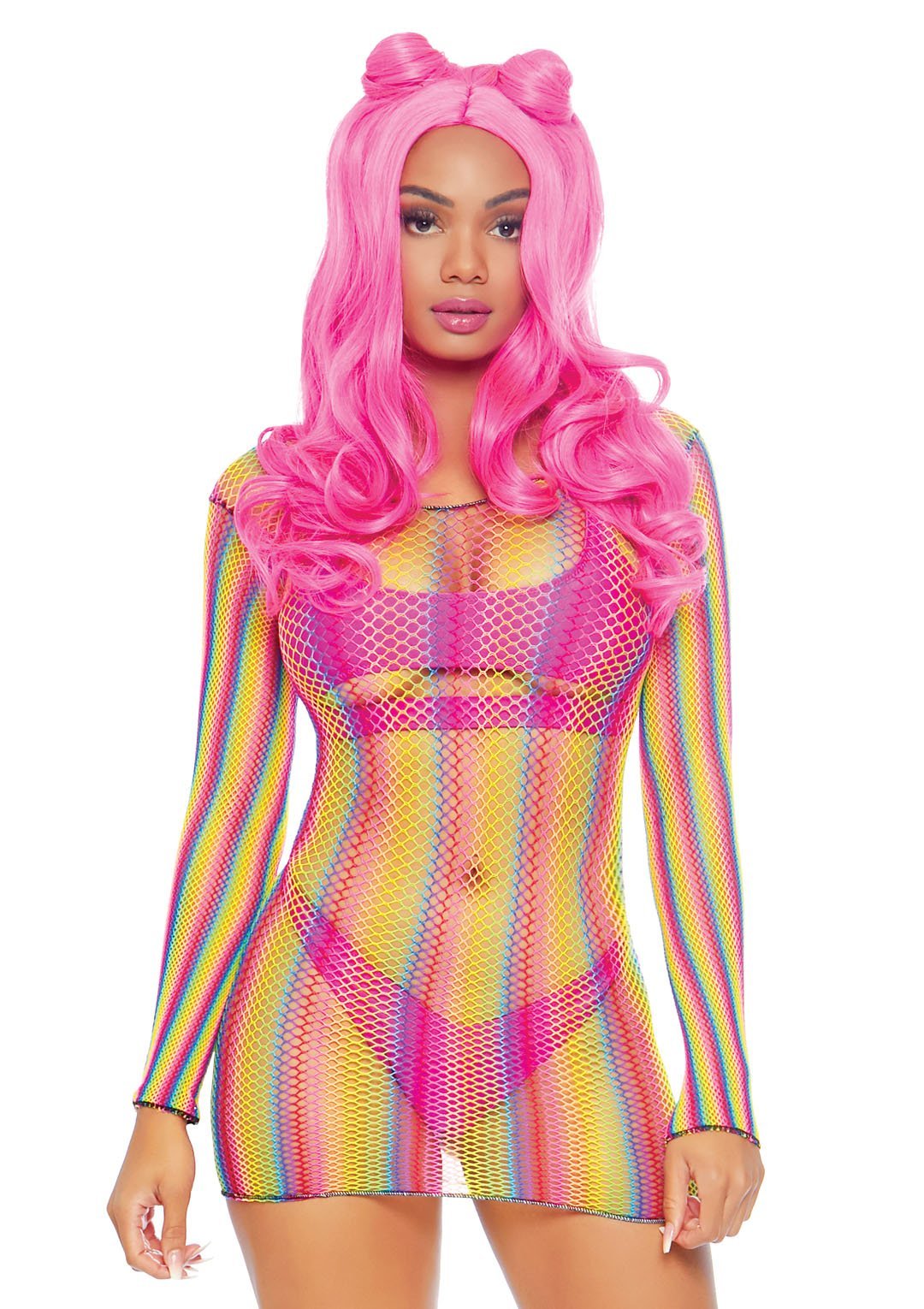 rainbow fishnet mini dress Womens Rainbow Fishnet Rave Festival Outfits Bikini Swimwear Cover Ups Mini Dress Bodysuit Teddy Night Clubwear One Size Colorful Rainbow#4