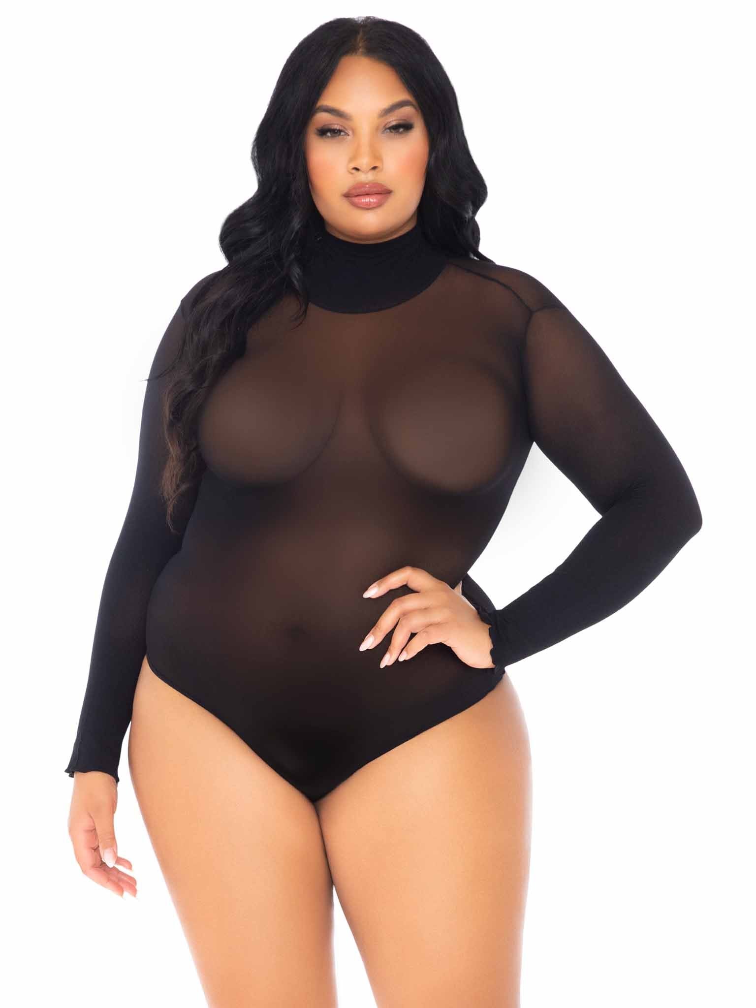 Deep V Neck Long Sleeve Women Black Plus Size Bodysuit - China