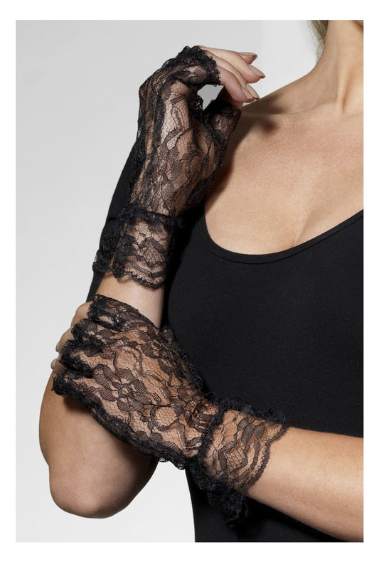 Black Fingerless Flared Lace Gloves