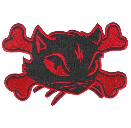 Large Red Cat and Crossbones Iron on Patch