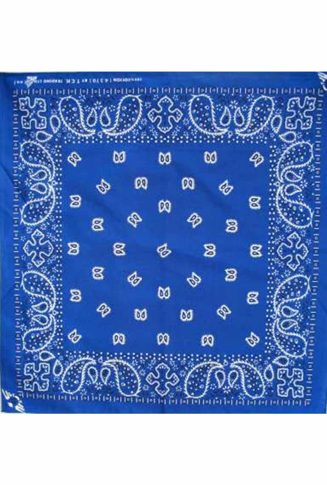 royal blue bandana with black and white paisley print