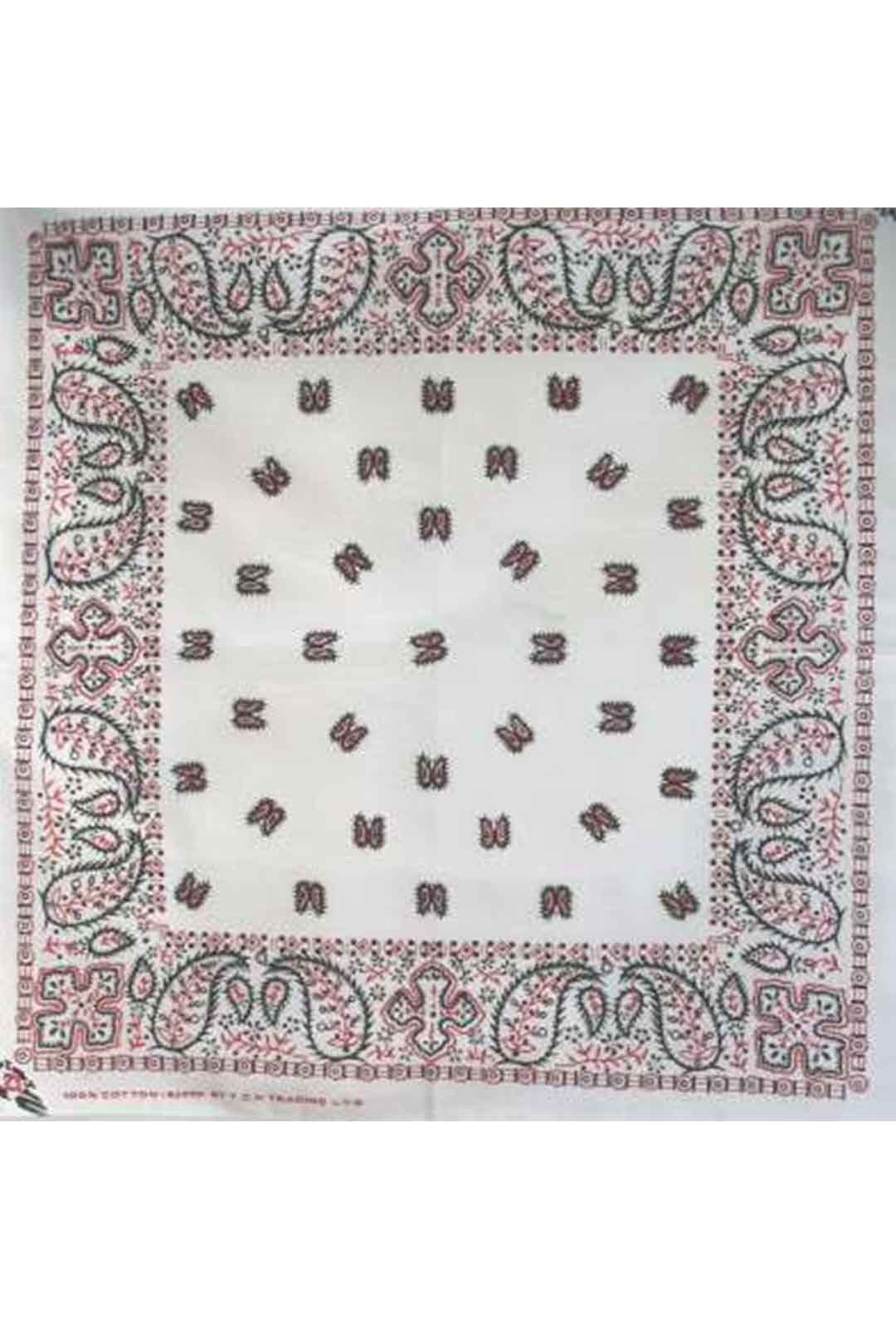 white bandana with black and red paisley print
