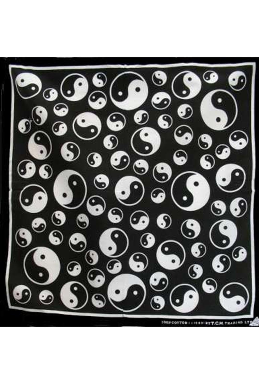 black bandana with small and large ying and yang emblems