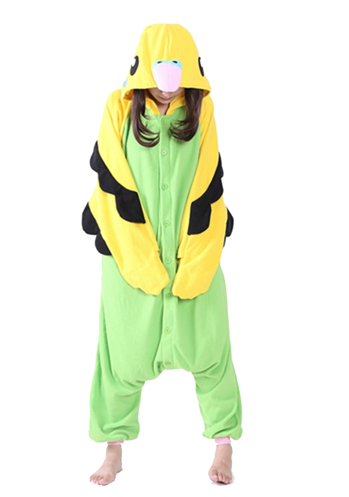green and yellow parrot bird onesie with attached wings