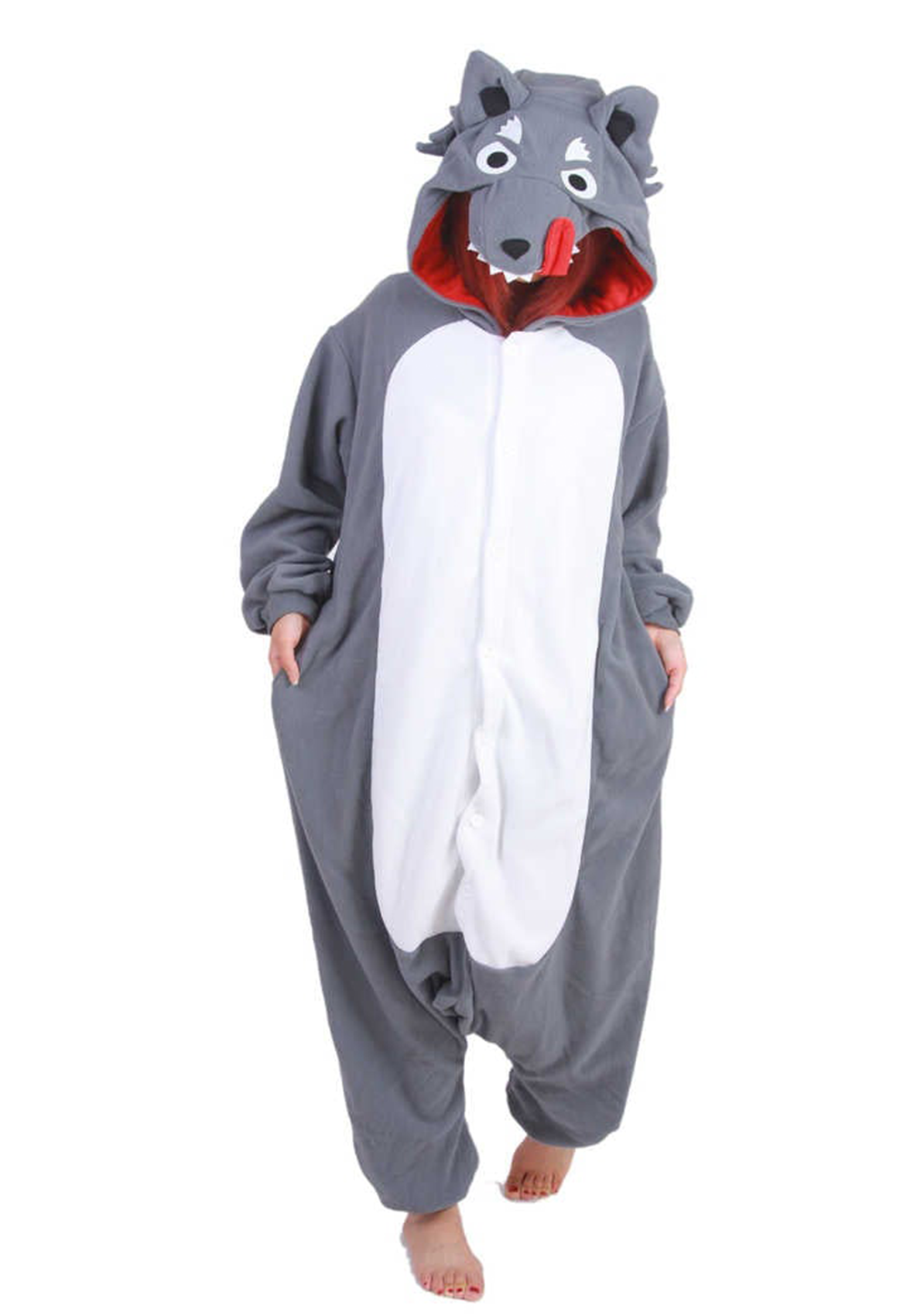 grey wolf onesie with face as hood and red inner lining