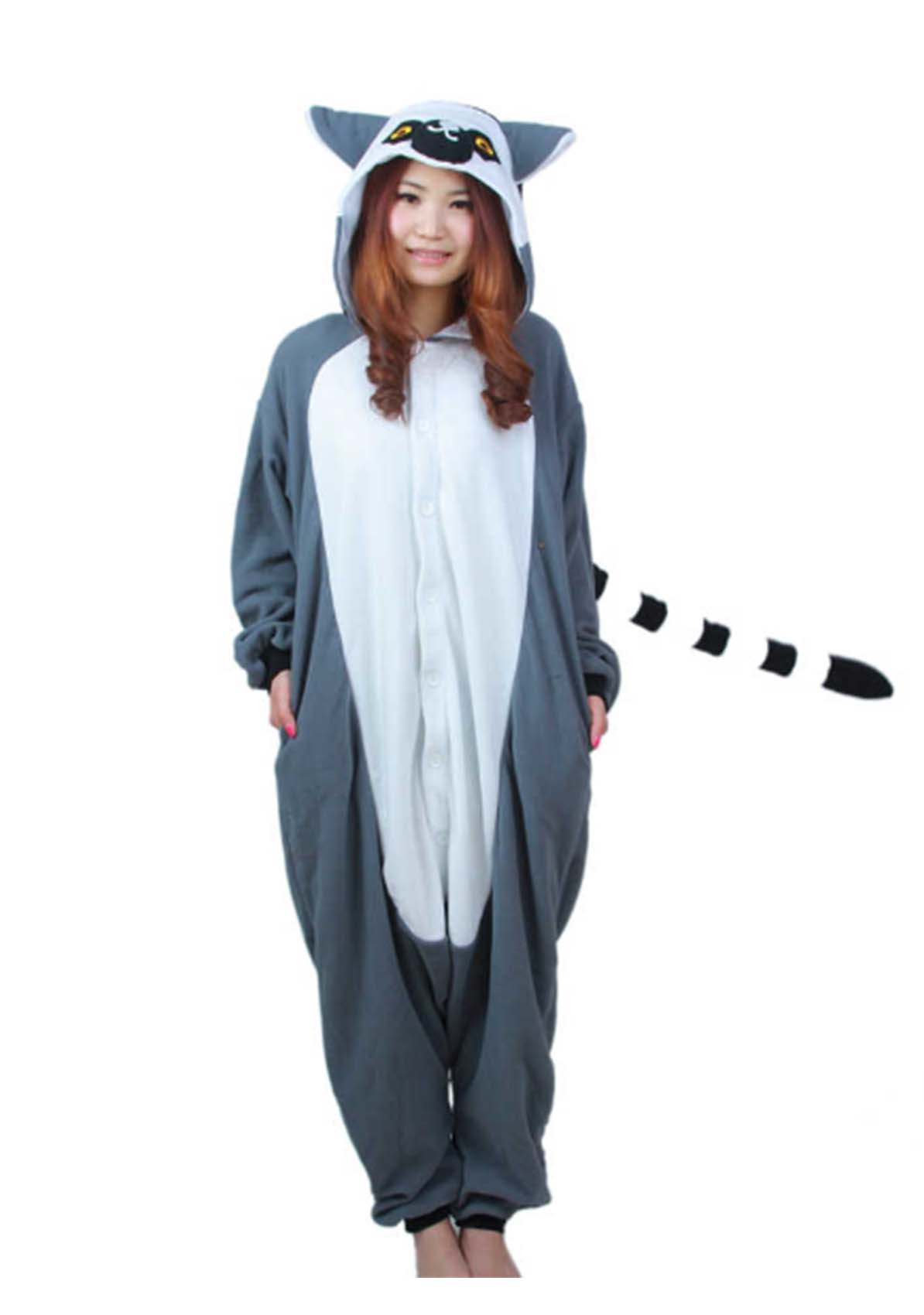 lemur onesie with tail and lemur face on hood