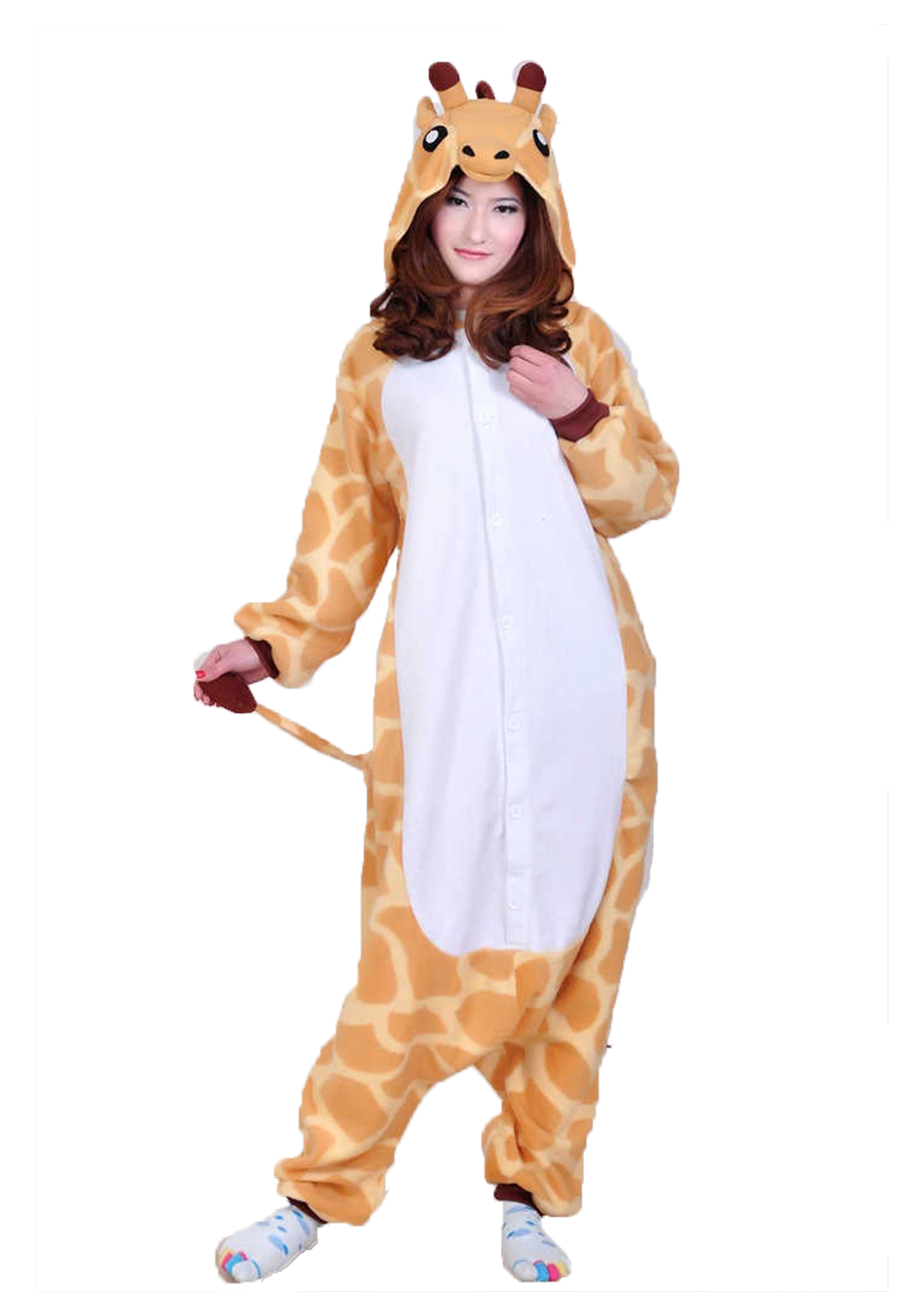 giraffe print onesie with hood as giraffe head