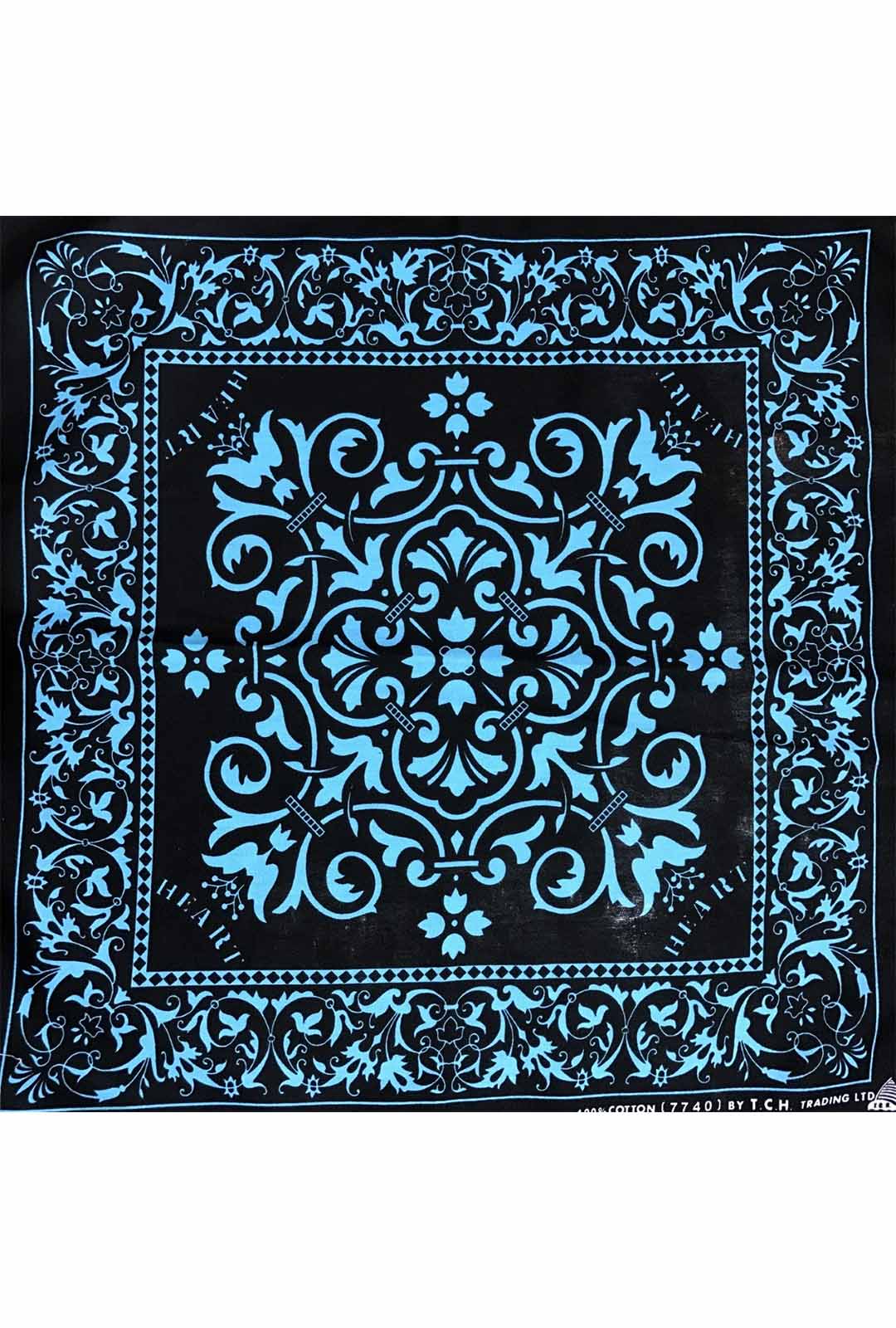 black bandana with baby blue pattern and prints