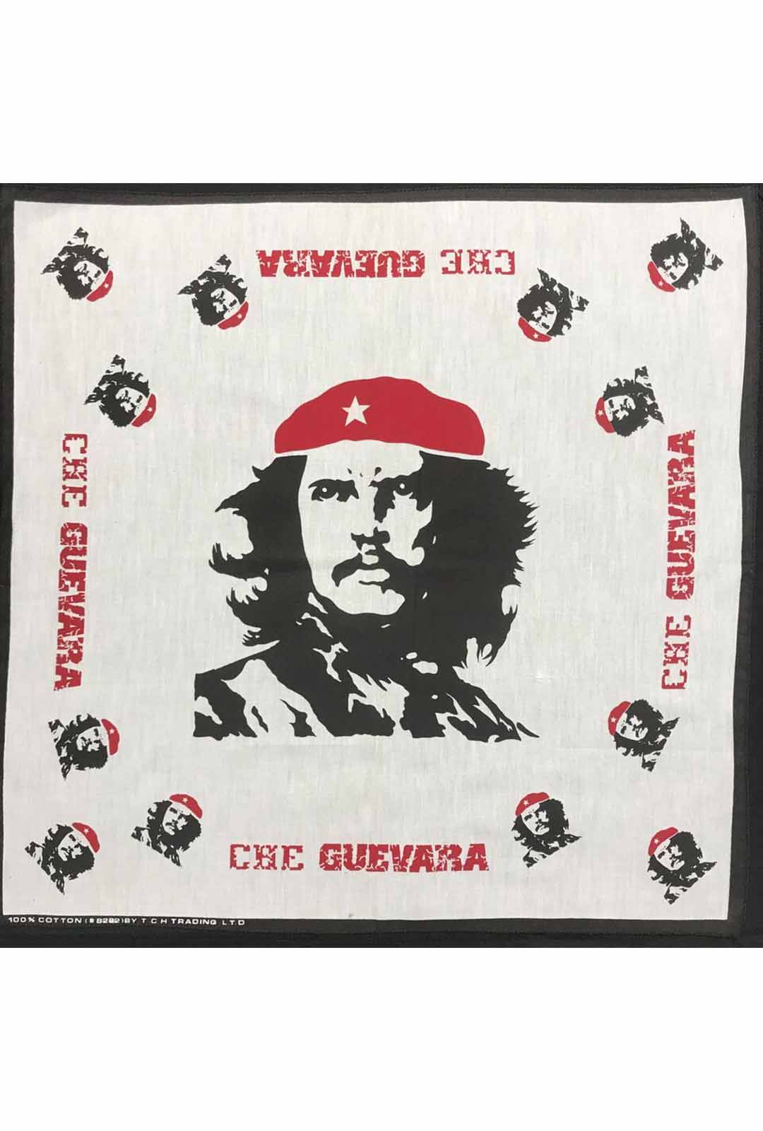 white bandana with central che guevara print and mini prints with writing