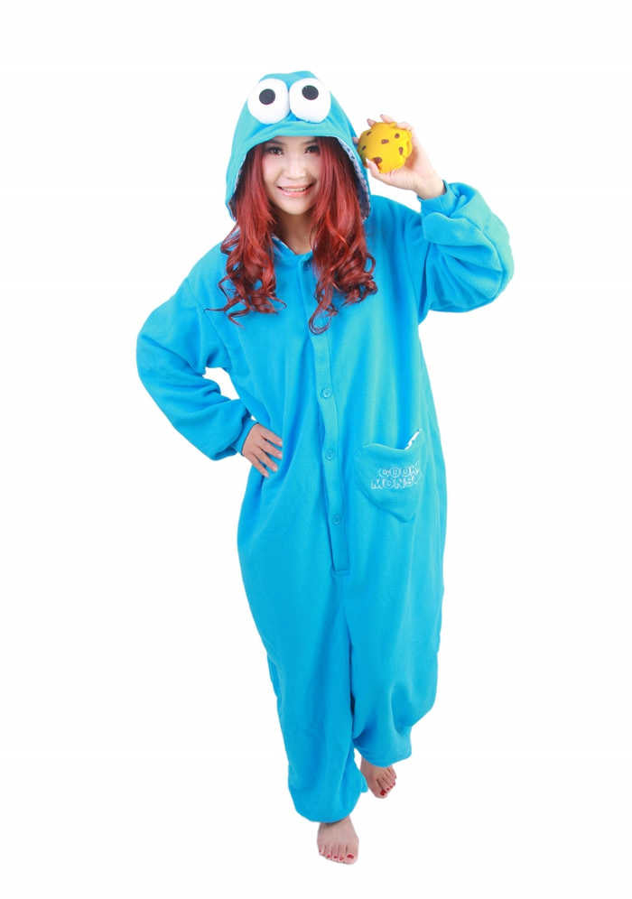 blue cookie monster onesie with pocket and eyes