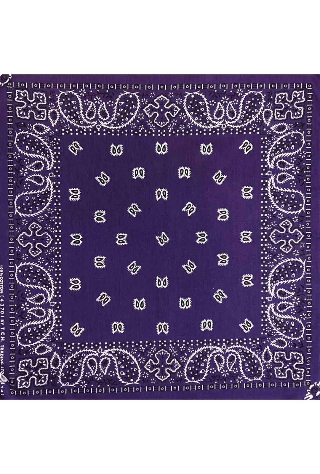 100% cotton dark purple coloured bandana with white and black paisley print