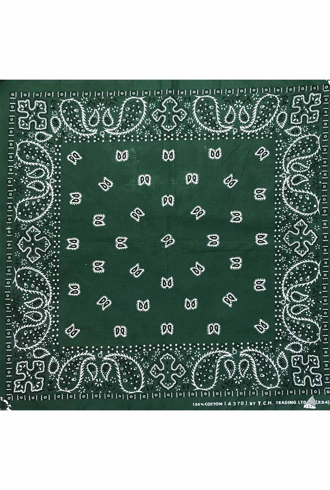 dark green bandana with white and black paisley print