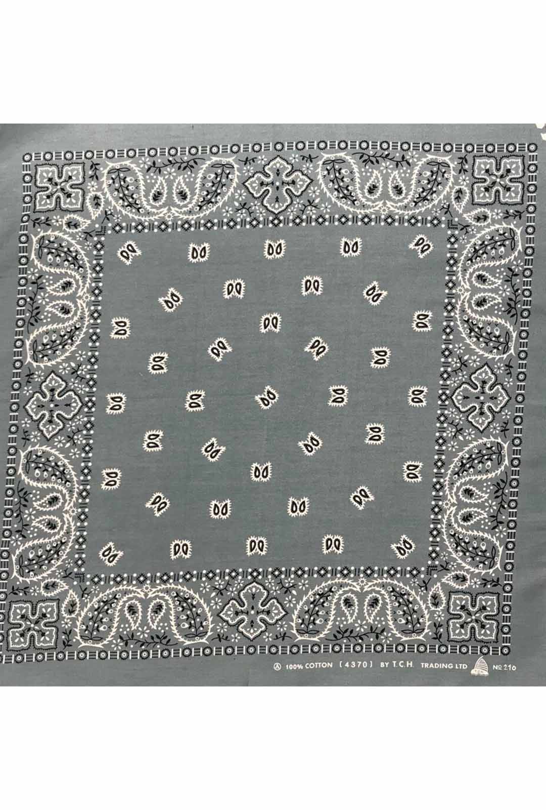 grey bandana with black and white paisley print