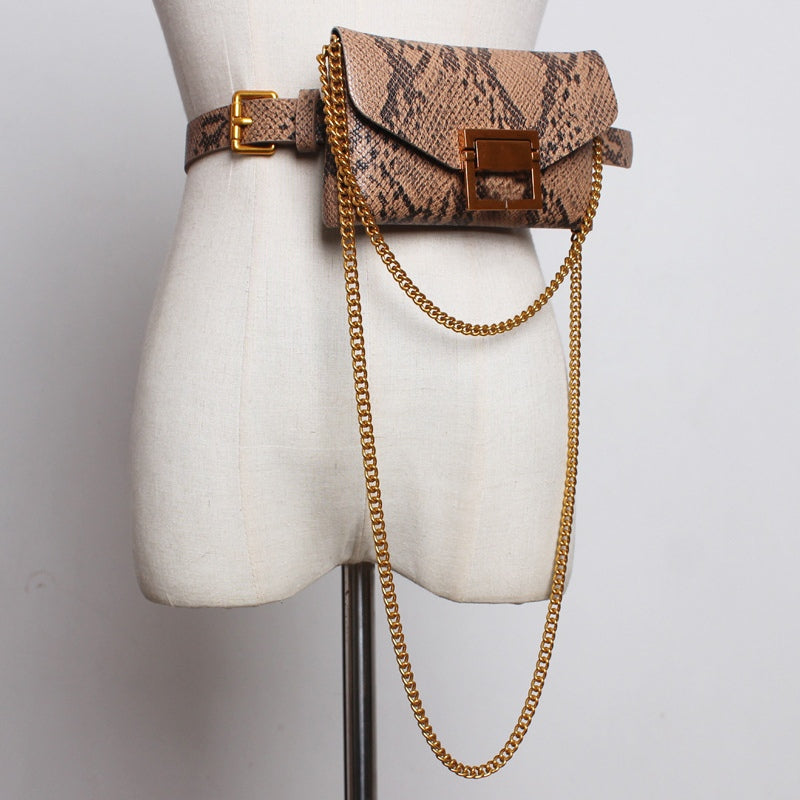 Brown Snakeskin Serpentine Belt Bag With Chain