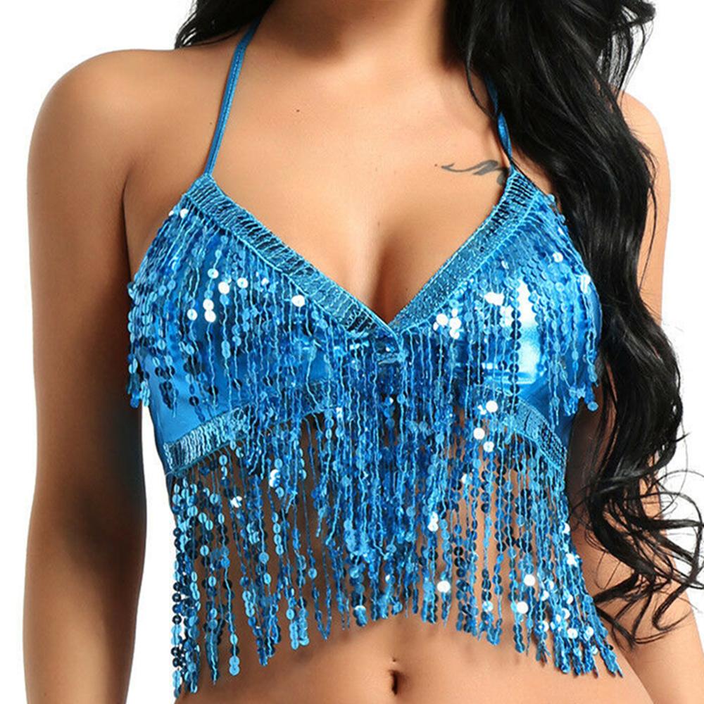 Sky Blue Sequin Fringe Halter Top