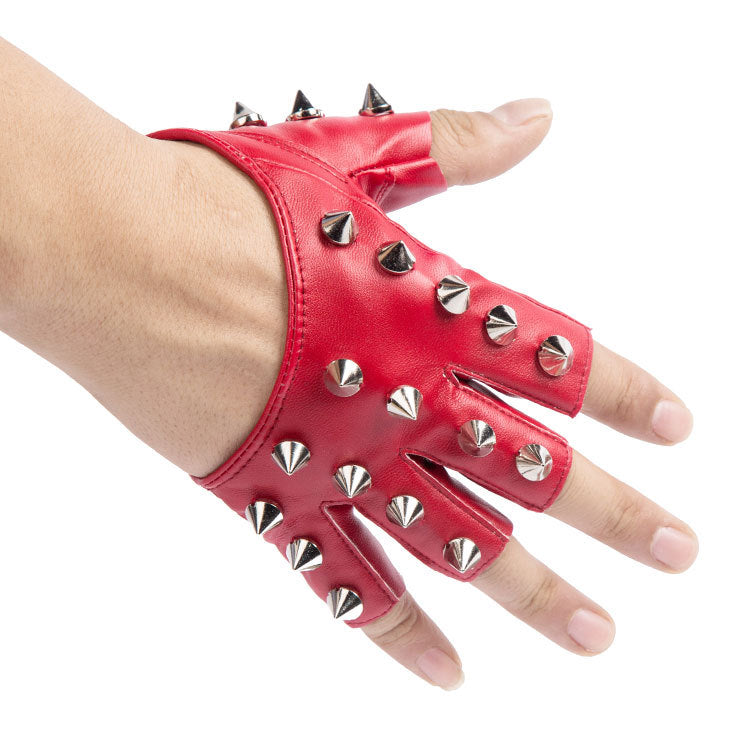 Womens Red Punk Studded Half Gloves