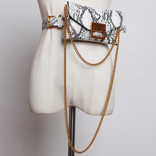 White Serpentine Belt Bag With Chain