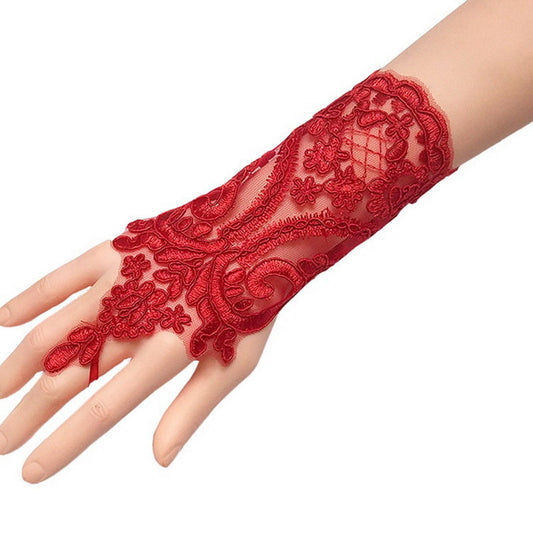 Red Fingerless Lace Applique Wrist Gloves