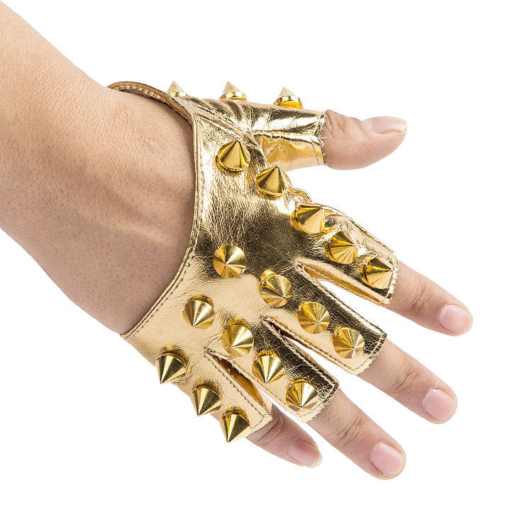 Womens Gold Punk Studded Half Gloves