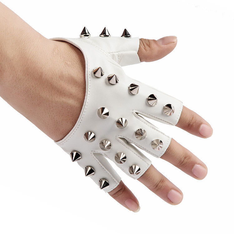 Womens White Punk Studded Half Gloves