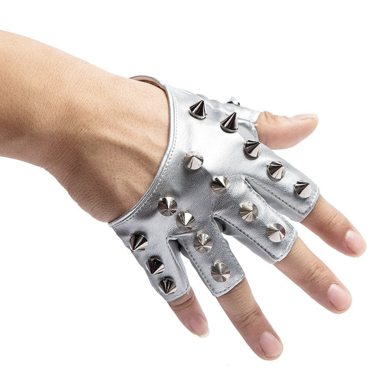 Womens Silver Punk Studded Half Gloves