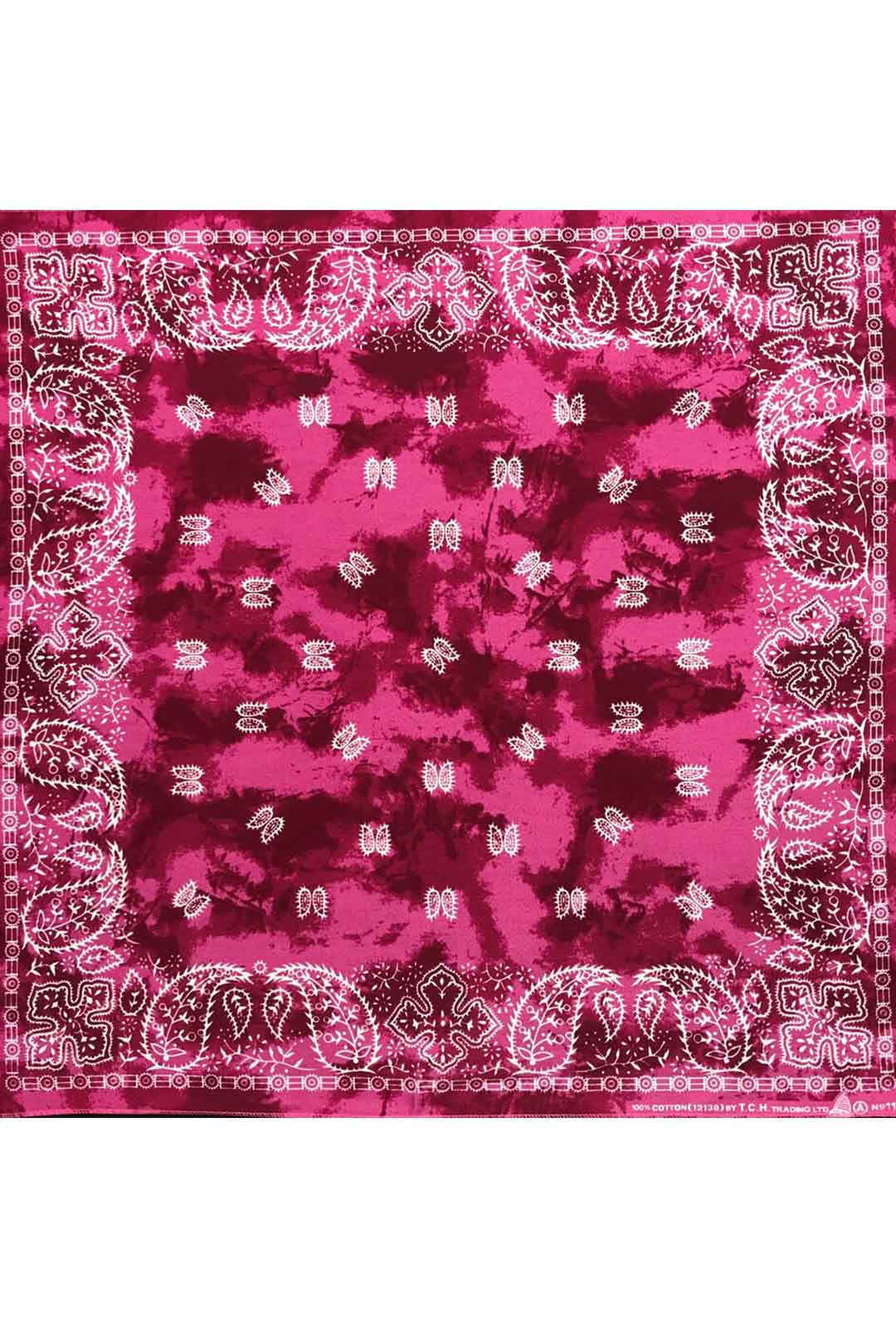 hot pink tie dye bandana with white paisley print overlay