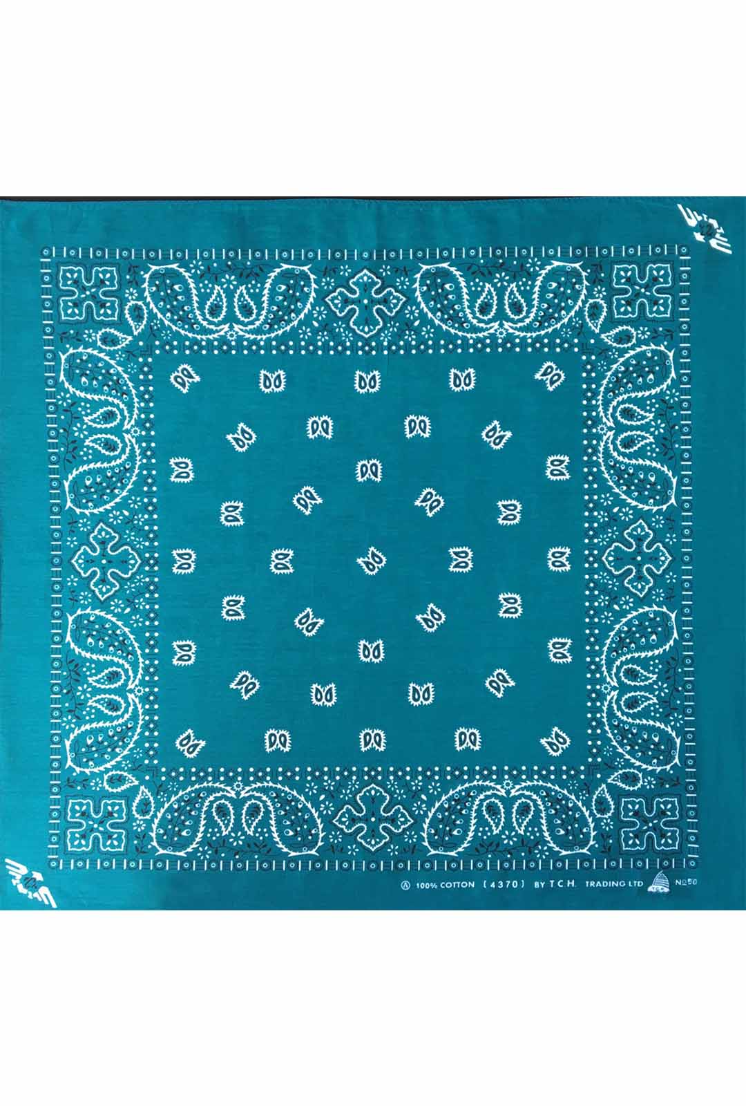 deep turquoise coloured bandana with white and black paisley print.