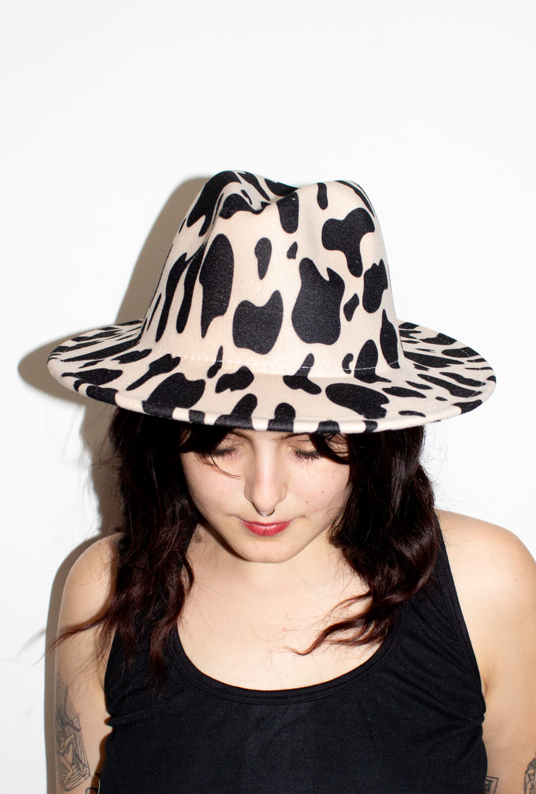 Ivory Cow Print Fedora Hat