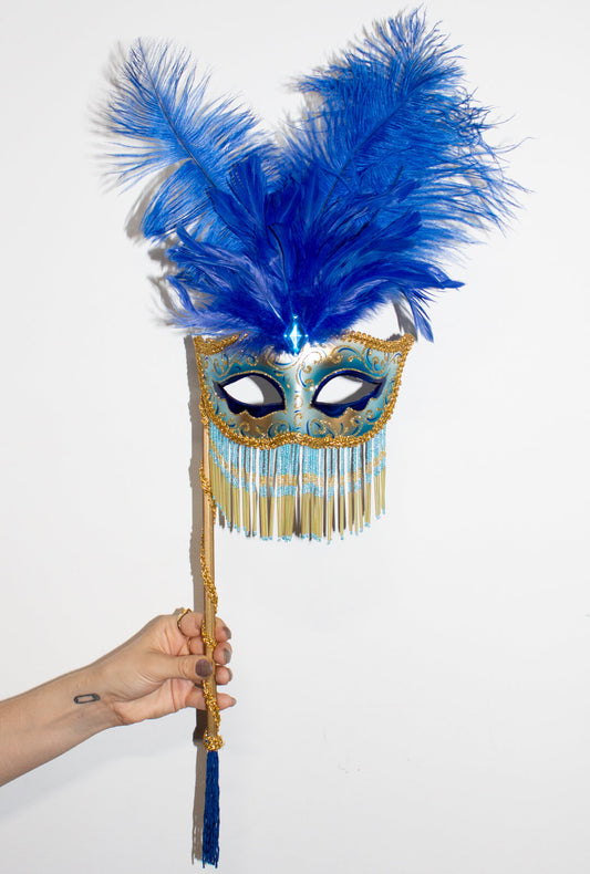 Blue Tassel Masquerade Mask on Stick