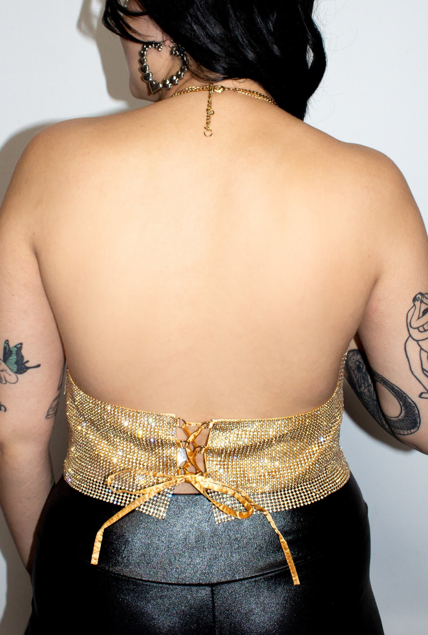 Gold Rhinestone Metal Mesh V-Neck Halter Top