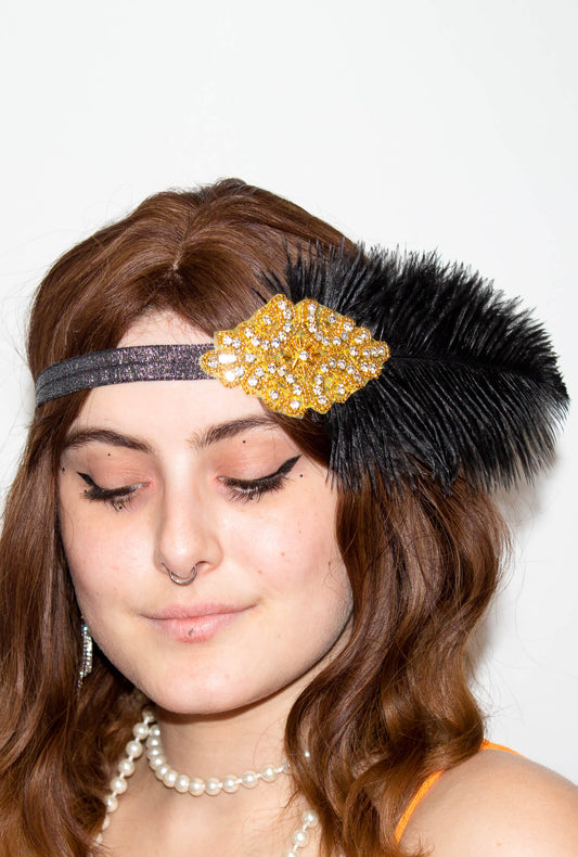 Gold, Silver & Black Feather Gatsby Headband