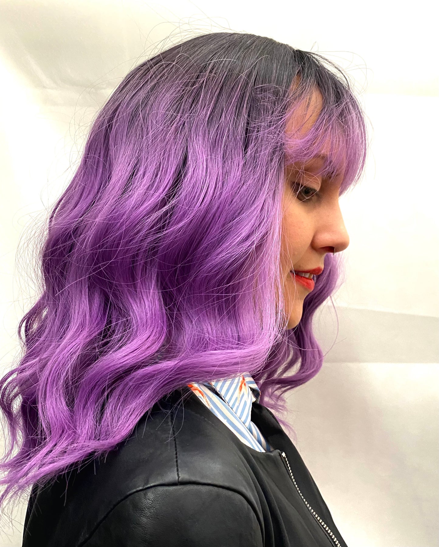 Black to Soft Purple Shoulder Length Loose Curls Wig