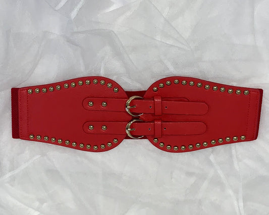 Rivet cinch belt with double buckle red