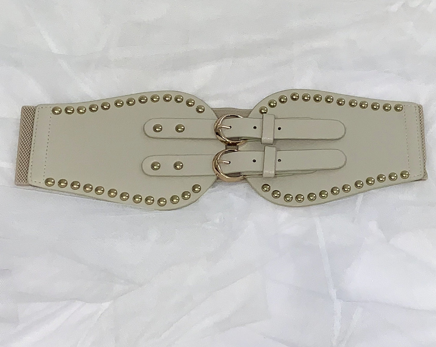 Rivet cinch belt with double buckle cream