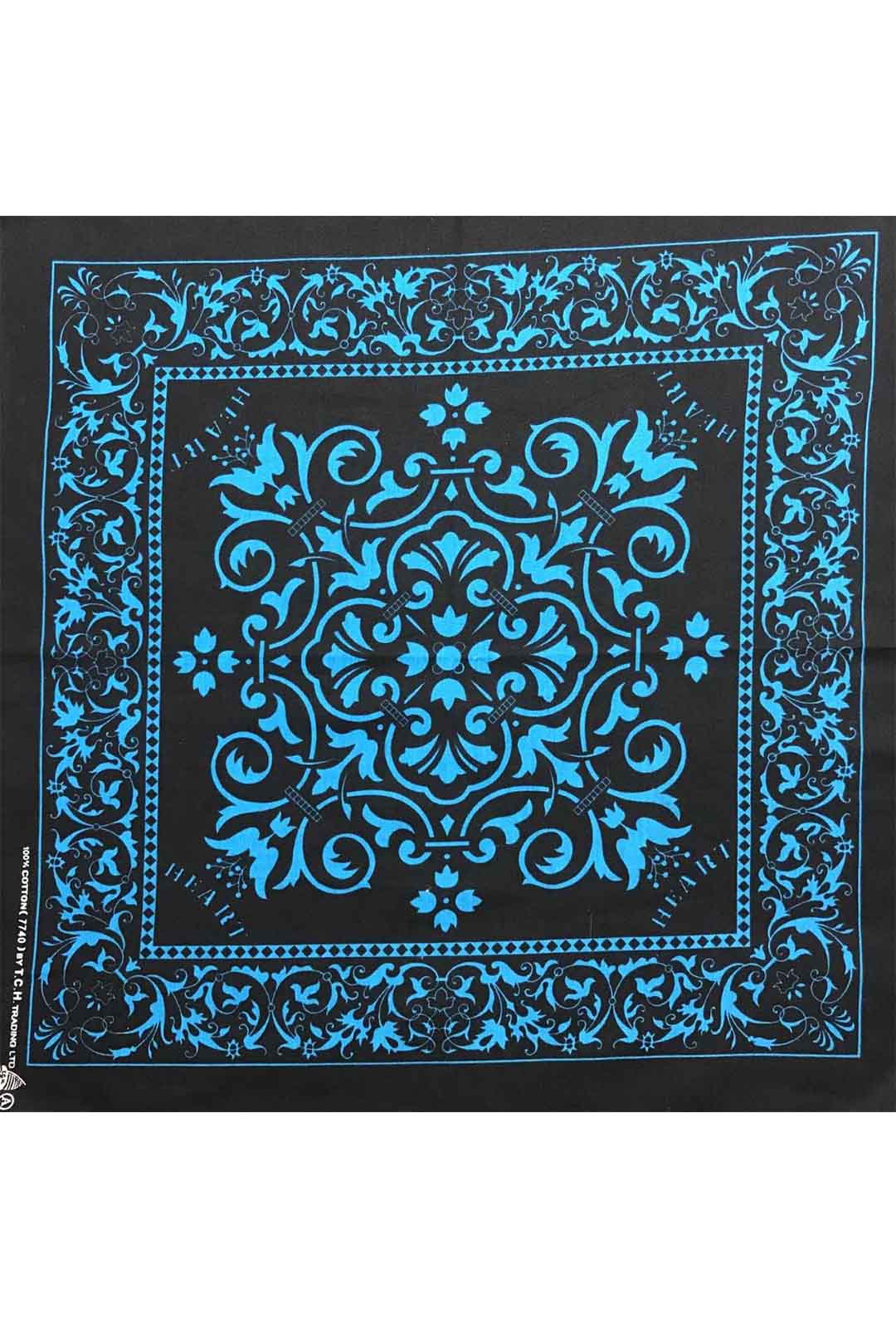 black bandana with light blue pattern and blue print