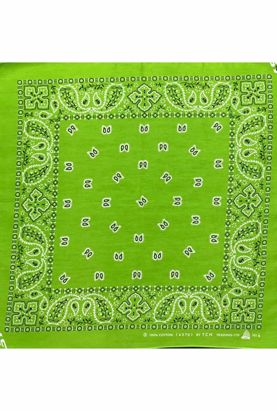bright green bandana with white and black paisley print