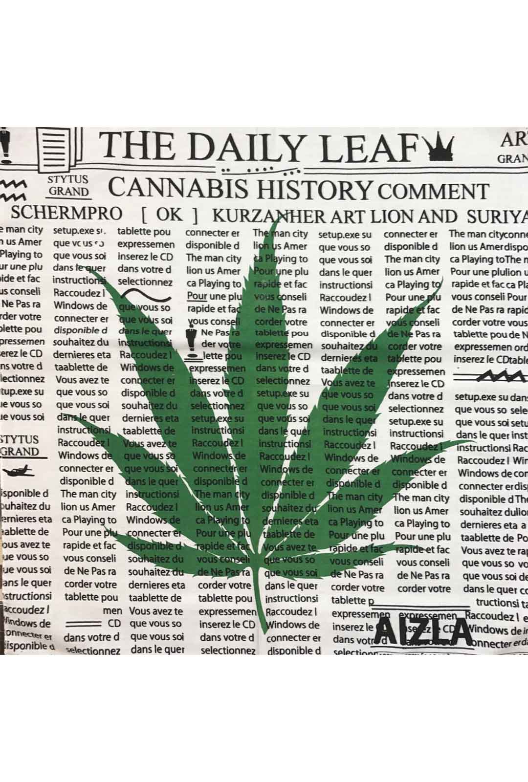 white newspaper style print bandana with marijuana leaf print in green