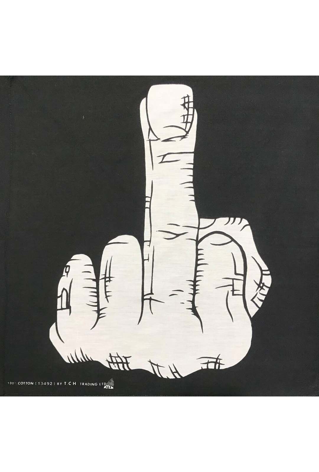 black bandana with hand giving the middle finger